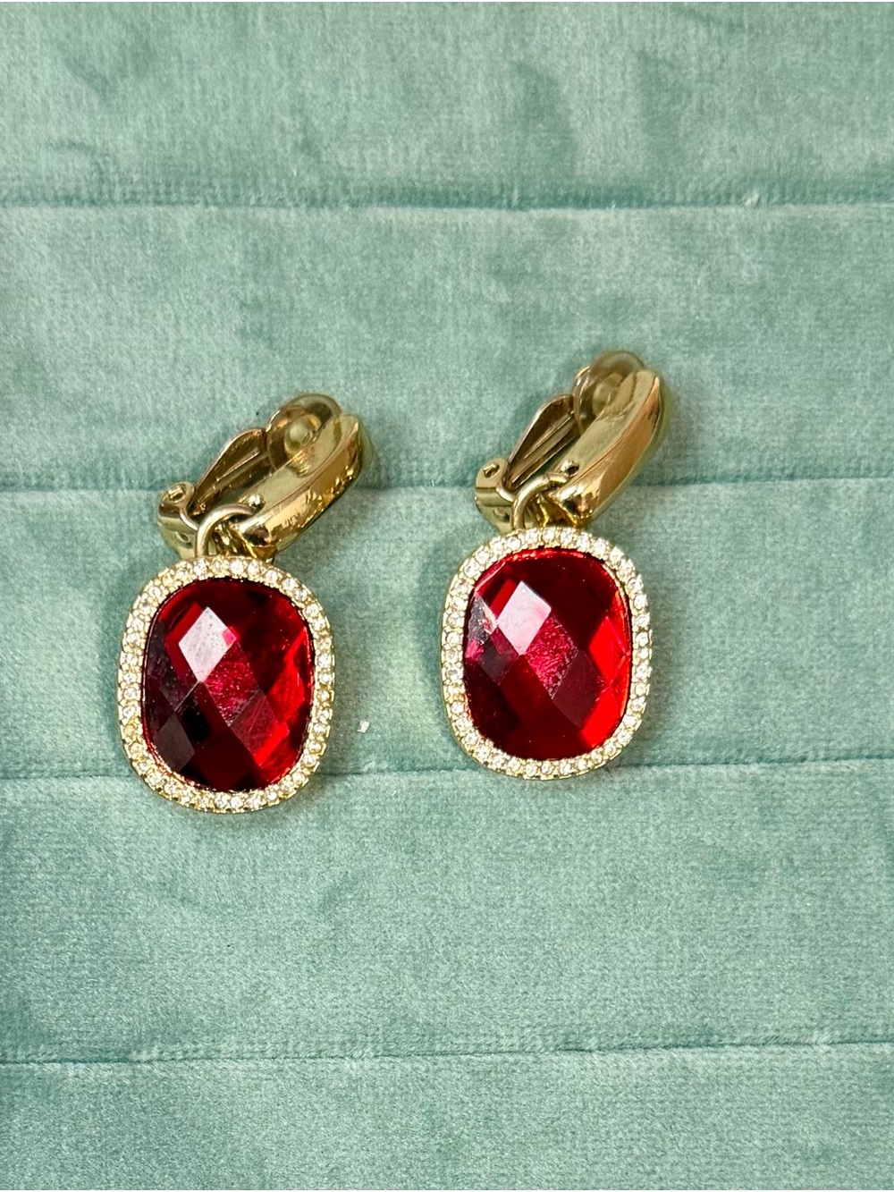 Gold-Tone Clip-On Earrings with Red Faceted Stones
